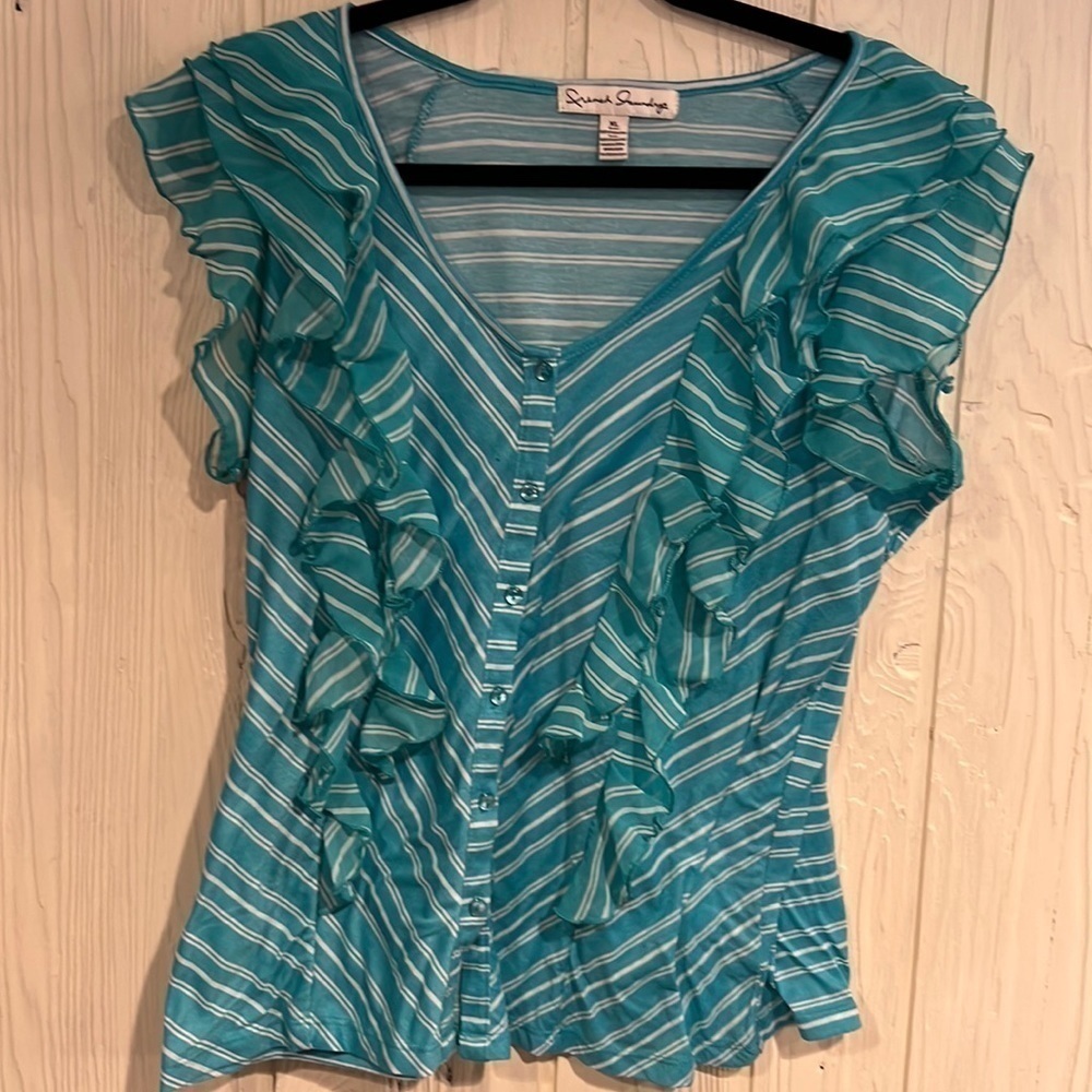 French Laundry Green and White Button Down Blouse XL